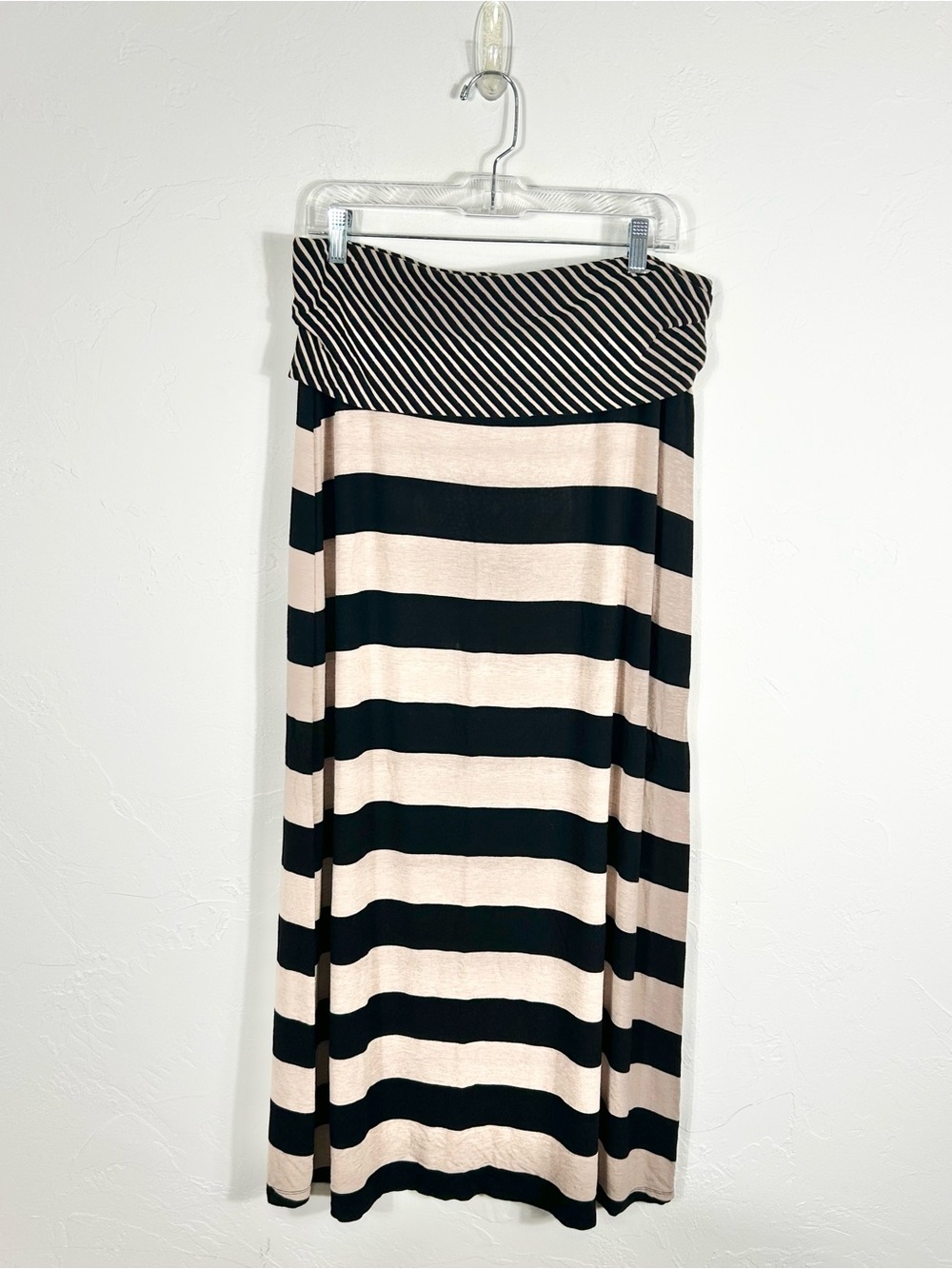 Calvin Klein Striped Maxi Skirt Fold Over Waist Black Tan Knit